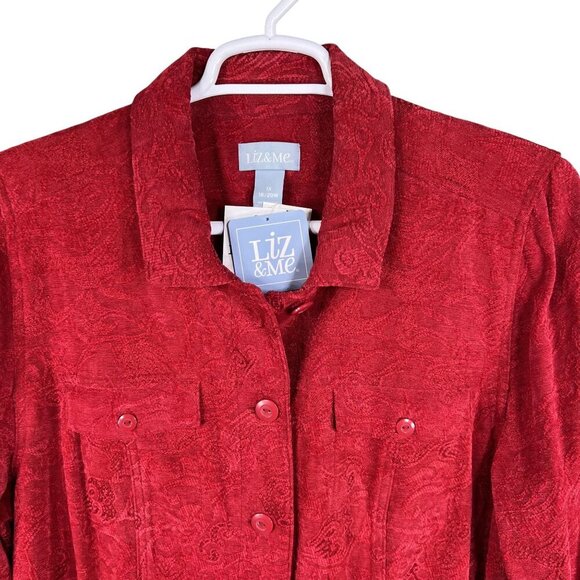 Liz & Me Womens 1X Red Jacquard Button-Front Jacket Abstract Design Art To Wear - Picture 9 of 16